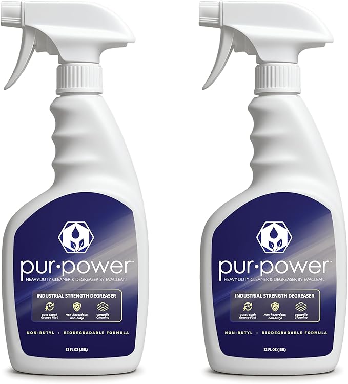 EvaClean PurPower Cleaner and Degreaser – Ready to Use, 2-Pack Spray Bottles 32 FL Oz. Each, Heavy Duty, Non-Butyl Formula, Grease, Oil, Grime Remover for Kitchen, Garage, Engine, Concrete