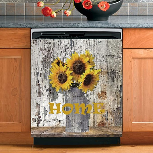 Farmhouse Vintage Dishwasher Magnet Cover Decorative,Painting Sunflower Dishwasher Cover For The Front,Dishwasher Magnetic Sticker Fridge Decal Refrigetor Magnets Appliance Cover 23"x26"