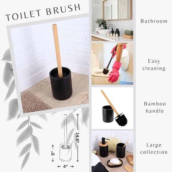 Sleek Matte Black Toilet Brush Holder with Bamboo Handle - Polyresin Bathroom Cleaning Tool Set (Black, Toilet Bowl Brush Only)