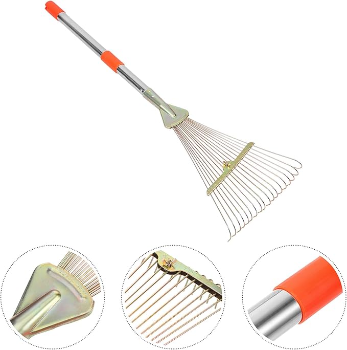 Homoyoyo 18-Tooth Retractable Garden Rake with Stainless Steel Handle, Adjustable Lawn Tool for Leaf Removal and Yard Cleaning, Compact Metal Rake Suitable for Gardening and Lawn Care