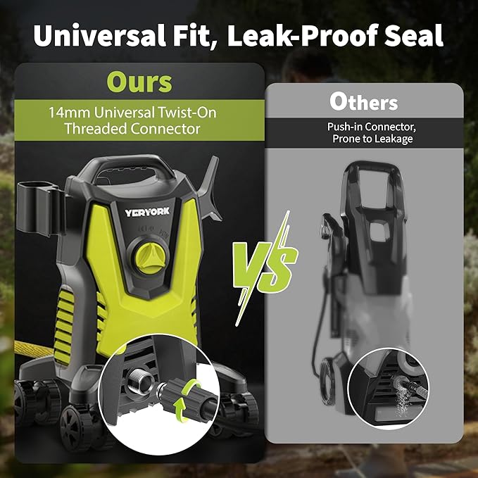 Yeryork Pressure Washer, Power Washer with 4 Lockable Wheels, Stainless Steel Lance, 4 Quick Connect Nozzles, 500ml Foam Cannon, Car Pressure Washer for Decks/Driveways/Patios (Fluorescent Green)