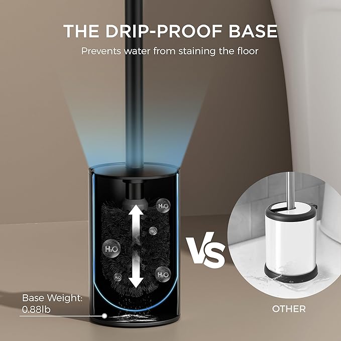 FORIOUS Toilet Brush and Holder Set, 304 Stainless Steel Heavy Duty Base and Handle for Bathroom Deep Cleaning, Toilet Bowl Cleaners Brush with Holder, Space Saving for Storage (1, Matte Black)
