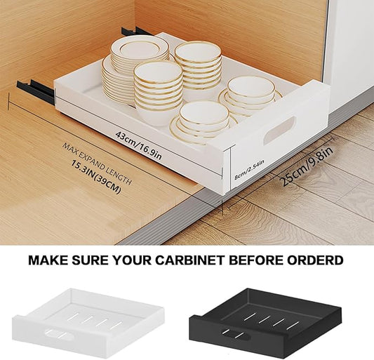 2 Pack Cabinet Organizer, 16.9" Deep Pull out Drawers for Cabinets, 10" Wide Pull out Cabinet Organizer Adhesive Heavy Duty Carbon Steel, Kitchen Cabinet Organizer, Pantry Organizers, White