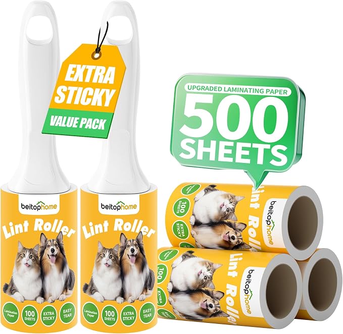 Extra Sticky Lint Roller for Pet Hair, 500 Sheets, 2 Handles | Compact Value Pack for Clothes, Couch, Car, Furniture & Bedding by Beitophomepet%60sfamily