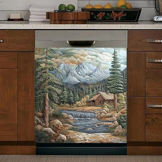 Mountain Cabin Landscape Kitchen Decor Dishwasher Magnet Cover Decal, Rustic Nature Scene with River and Pine Trees Magnetic Dish Washer Panel Vinyl Sticker, Refrigerator Magnets,23 x 26 inch