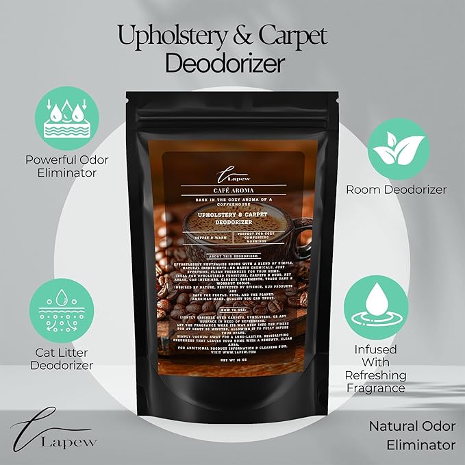 Lapew Café Aroma Scented Cleaning Bundle | Carpet Deodorizer Powder (16 oz) & Mop Soap Concentrate (36 oz) | Pet-Friendly Odor Eliminator