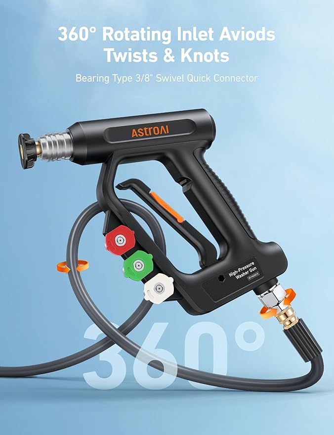 AstroAI Short Pressure Washer Gun with Swivel - High Pressure Washer with 4 Nozzles and 3/8” Swivel Quick Connector Plug - 4060PSI Max and Compatible with Hose, Foam Cannon Car Wash Foam Gun, Black