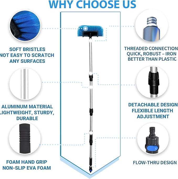 Ultimate RV/Truck Wash Brush Kit – 68" Adjustable Aluminum Pole with Flow-Thru Hose Attachment, Soft Bristles w. Replaceable Chenille Mop Squeegee, Reinforced Connectors – Safe for Car/Truck/RV/SUV