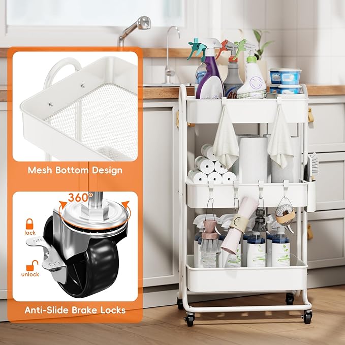 3 Tier Metal Rolling Utility Cart Organizer, Cleaning Supplies Carts with Lockable Wheels, Hanging Cups, Baskets, Mop Holder Hooks, Kitchen Storage Trolley Cart Laundry Garage Bathroom, White