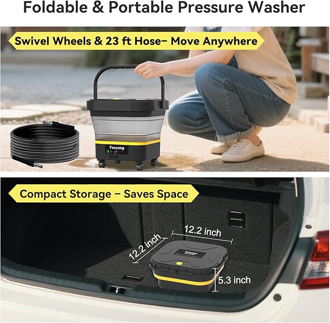 Portable Cordless Cleaner with Tank: Foldable Electric Cleaning Tool, 3.4 Gal Tank, Multi-Level Adjustable Spray, 360° Rotating Nozzle, Compact for Car, Garden, Patio, Camping