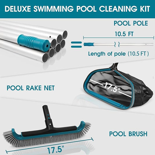 Swimming Pool Cleaning Kit - Aluminum Frame Skimmer Net with 10Ft Adjustable Pole & 17.5” Pool Brush Head, Pools Maintenance Kits for Inground & Above Ground Swimming Pools, Removes Debris