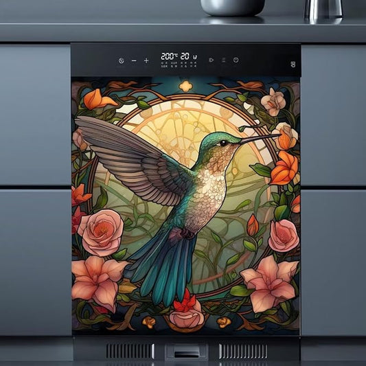 Hummingbird Kitchen Dishwasher Panel Decal, Spring Flowers Refrigerator Covers for The Front, Bird Flower Dishwasher Cover Sticker, 23" x 26" (Ordinary)