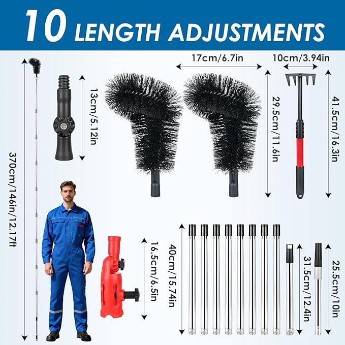 Gutter Cleaning Tools from The Ground, Adjustable Gutter Cleaning Pole with 180° Pivoting Head, Gutter Rake & 2 Gutter Brush, Gutter Cleaner Tool for Removing Leaves, Debris & Spider Webs (Black)