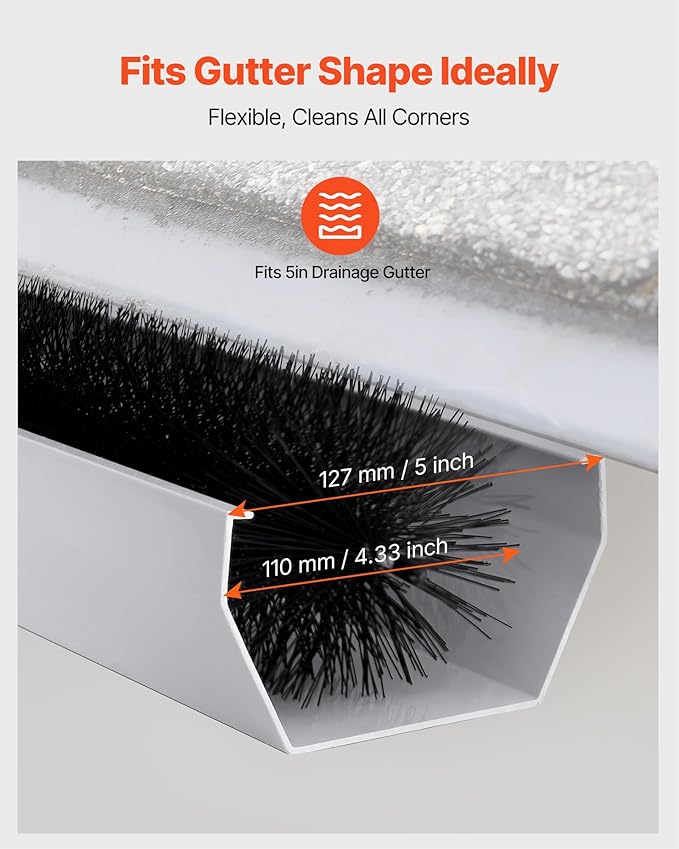 VEVOR Gutter Brush, 4.33 inch Diameter 30 Feet Total Length Gutter Cleaning Tools, Ground-Level Brush Leaf Guard for 5 Inch Gutters, Easily Clear Roof Leaves and Debris, 10 Pack