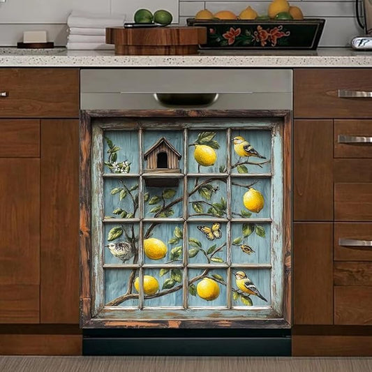 Rustic Kitchen Decor Dishwasher Magnet Cover Decal, Lemon Bird Birdhouse, Magnetic Dish Washer Panel Door Vinyl Sticker, Refrigerator Magnets,Easy to Clean, 23 x 26 inch
