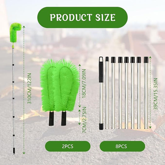 Gutter Cleaning Tools from The Ground, 10 FT Gutter Cleaner Tools for Removing Leaves and Debris, Rain Gutter Cleaning Tool with 8 Steel Tubes and 2 Brush Heads (Green)