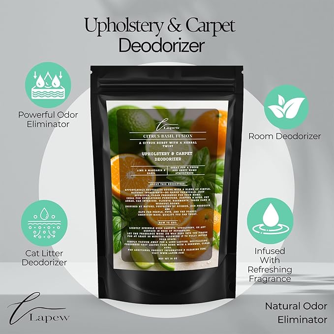 Lapew Citrus Basil Fusion Bundle – Carpet Deodorizer Powder & Scented Mop Soap Set – Odor Eliminator for Pet-Friendly Homes (Lime Basil Mandarin Fragrance)