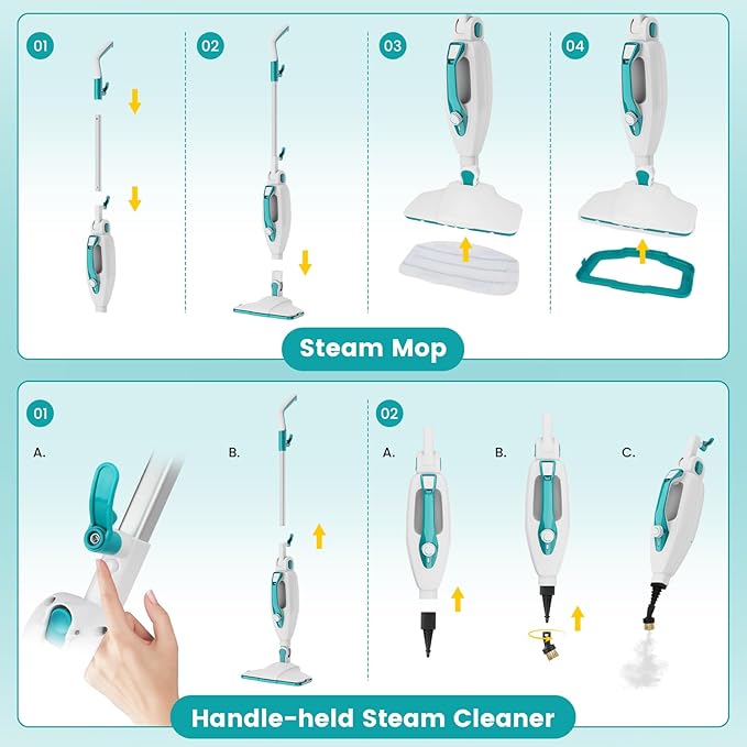 10-in-1 Steam Mop, 1550W Detachable Handheld Steam Cleaner with 350ML Tank for Floor Cleaning, 16FT Power Cable, 2 Washable Pads, Multi-Purpose Steamer for Hardwood, Carpet, Tile, Windows,Cyan