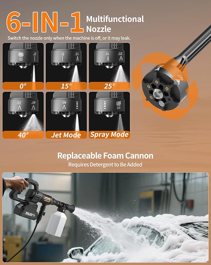 Cordless Pressure Washer Battery Powered; 990PSI Cordless Power Washer with 6-in-1 Nozzle, 23FT High-Elastic Hose, 21V Battery&Charger; Portable Handheld Pressure Washer Cleaner for Home (5022-BK2)