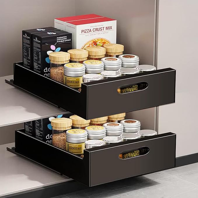 2 Pack Pull Out Drawers for Cabinets, 10" W Pull Out Cabinet Organizer Adhesive Sturdy Carbon Steel, Pull Out Shelves for Kitchen, Pantry and Bathroom Vanity, 10" W x 16.9"D x 3.1"H