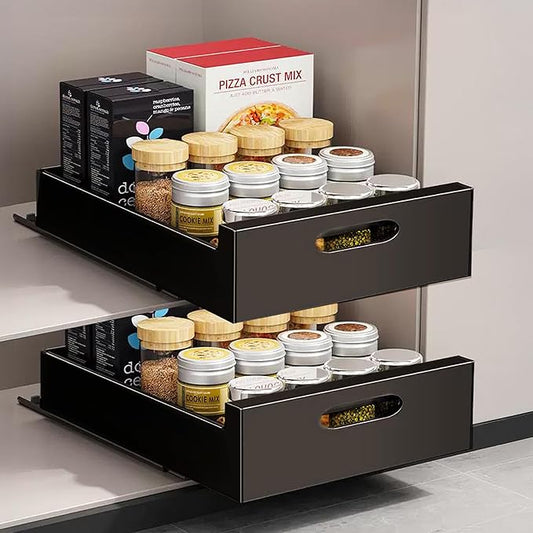 2 Pack Pull Out Drawers for Cabinets, 10" W Pull Out Cabinet Organizer Adhesive Sturdy Carbon Steel, Pull Out Shelves for Kitchen, Pantry and Bathroom Vanity, 10" W x 16.9"D x 3.1"H