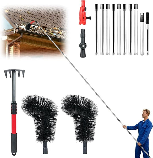 Gutter Cleaning Tools from The Ground, Adjustable Gutter Cleaning Pole with 180° Pivoting Head, Gutter Rake & 2 Gutter Brush, Gutter Cleaner Tool for Removing Leaves, Debris & Spider Webs (Black)