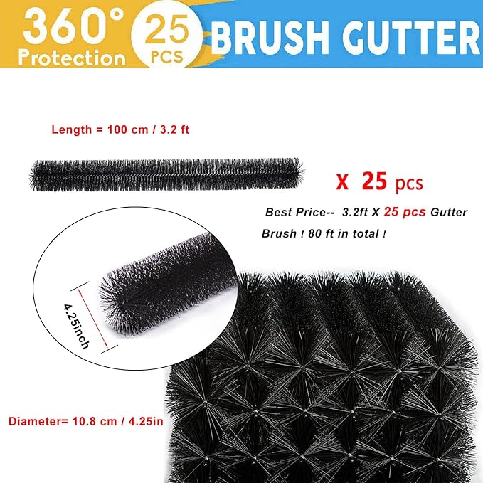 25 Pcs 80ft (3.2ft x 25) length ideally fitting standard 5-inch gutters Standard Gutter Filter Leaf Debris Guard brush guard- Simple Gutter Guard | No Tools DIY
