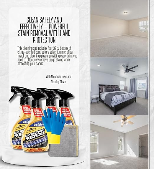 4x Contractors Solvent Citrus Scent by De-Solv-it 32 oz Liquid Bundle with Microfiber Cloth + Cleaning Gloves – Heavy-Duty Degreaser Spray – Adhesive, Tar, and Grease Remover – Gift Set (6 Items)
