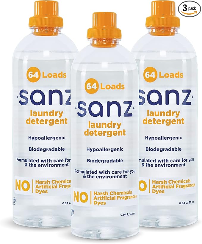 SANZ Hypoallergenic Eco-Friendly Laundry Detergent - Free and Clear for Sensitive Skin, Gentle for Babies, Ultra Concentrated, HE, Dye Free, Superior Cleaning Odor & Stain Remover, 192 Loads (3 Pack)