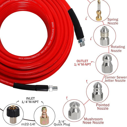 Sewer Jetter Kit for Pressure Washer 150FT, 5800PSI Drain Cleaner Hose 1/4 Inch NPT Corner with 5 Sewer Jetting Nozzles，Waterproof Tape，Pearl Corsage Pin & 2 Spanners (Red)