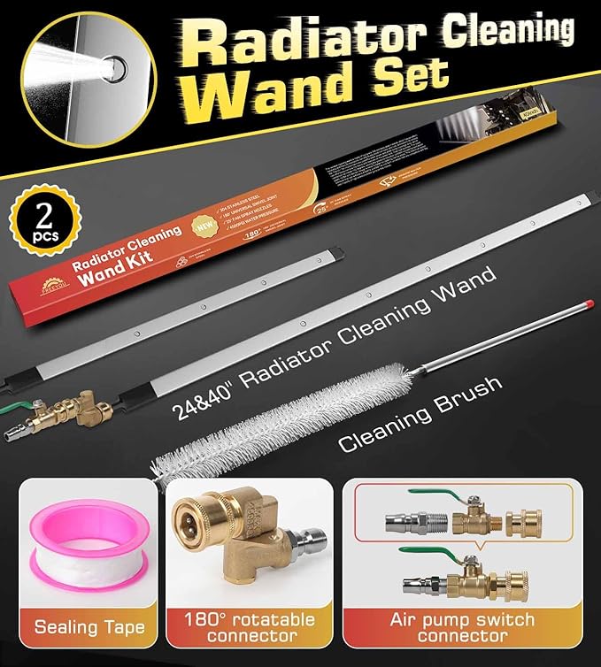 40"&24"(2Pcs Set) Upgraded Radiator Cleaning Wand With 25° Fan Nozzles,Water and Air Dual-Use 4500 PSI Pressure Washer Tool Set for Car,Truck and Other Vehicles.