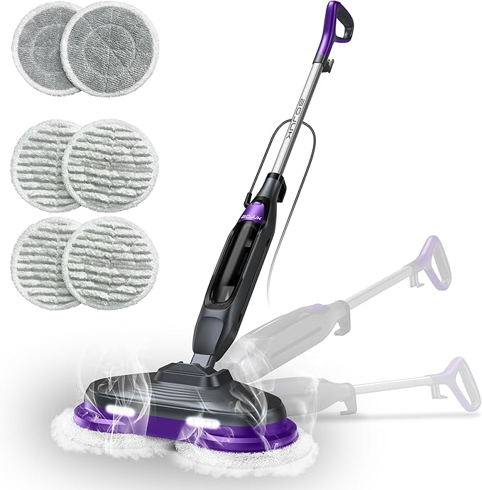 Scrub and Steam Mop with LED Headlights, All-in-One Hard Floor Cleaner Rotating Mop, 6 Cleaning Pads, Swivel Steering, Cable Holder & XL Water Tank
