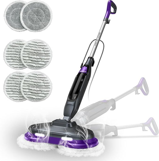 Scrub and Steam Mop with LED Headlights, All-in-One Hard Floor Cleaner Rotating Mop, 6 Cleaning Pads, Swivel Steering, Cable Holder & XL Water Tank