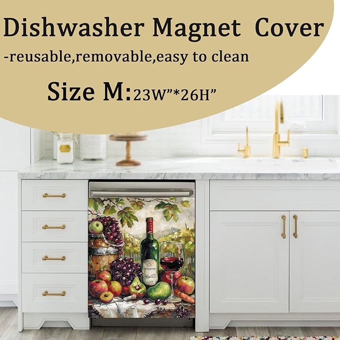 Generic Wine Decor Dishwasher Magnet Cover Kitchen Decor,Wine Bottle Country Grape Apples Fruits Painting Home Appliance Bar Decor Fridge Sticker,Refrigerator Magnetic Panel Decal 23x26