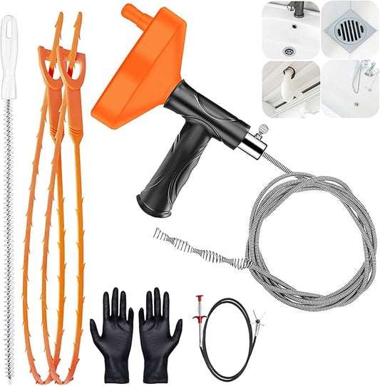 Drain Snake Auger 33 Feet, Plumbing Snake Drain Hair Clog Removal Tool, Heavy Duty Toilet Snake Auger, Sink Unclogger Drain Cleaner Tool for Bathroom Kitchen Tub Shower Drain Clog Remover with Gloves