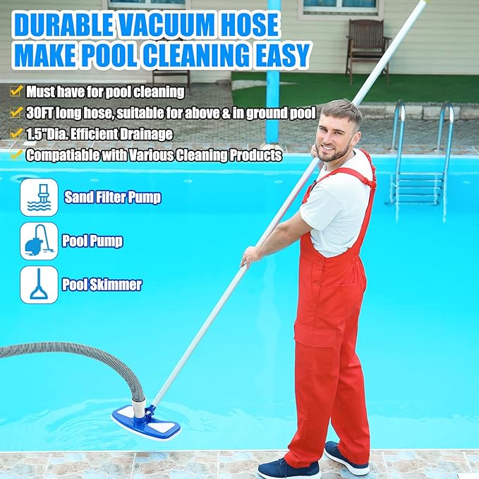 Pool Vacuum Kit Swimming Pool Vacuum Head with 1-1/2" x 30 ft Hoses Flexible Head with Wheels and 14 '' Cleaning Brush for Inground Swimming Supplies (Classic)
