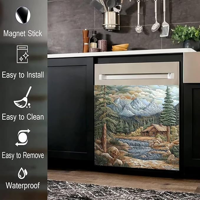Mountain Cabin Landscape Kitchen Decor Dishwasher Magnet Cover Decal, Rustic Nature Scene with River and Pine Trees Magnetic Dish Washer Panel Vinyl Sticker, Refrigerator Magnets,23 x 26 inch