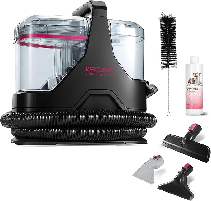 Portable Carpet Cleaner，18kPa Handheld Spot Cleaner for Upholstery and Car Interior，Cordless Pet Stain Remover with 500ml Tank，Lightweight for Sofa，Couch，Stairs，Mattress，Black and Pink
