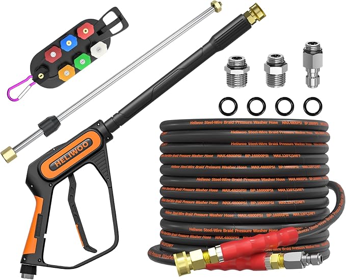 5000PSI Pressure Washer Gun and Hose Kit, 50FT Kink Resistant Steel Braided Power Washer Hose with 3/8" Swivel Quick Connector and M22 14mm Adapters Replacement