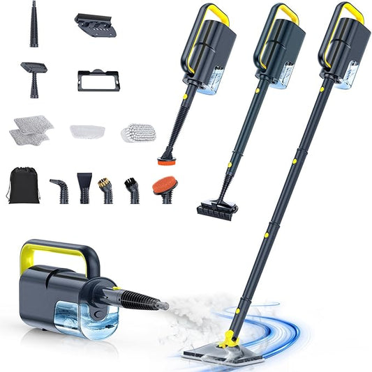 ScrubWiz Steam Mop with Detachable Handheld Steam Cleaner, 10-in-1 Multi Accessories, Quick 10s Heat, 350ml and 2-Level Steamer for Cleaning Floor, Carpet, BBQ Grill, Tile, and Grout, Gray
