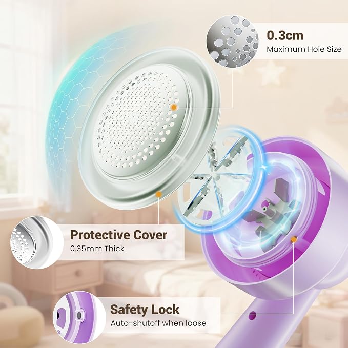 DBC Fabric Shaver & Lint Remover for Clothes, Sweaters & Furniture | 6-Leaf Blade, 3 Speeds, 2H Runtime, Portable Design Perfect for Travel, Includes 2 Extra Blades, Purple - Image 4