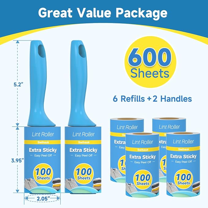 Swihauk 600 Sheets Extra Sticky Lint Rollers for Pet Hair | Easy Spiral Tear Lint Roller for Clothes with Ergonomic Handle, Multipurpose Lint Remover for Furniture, Carpet, Car Seat - Image 2