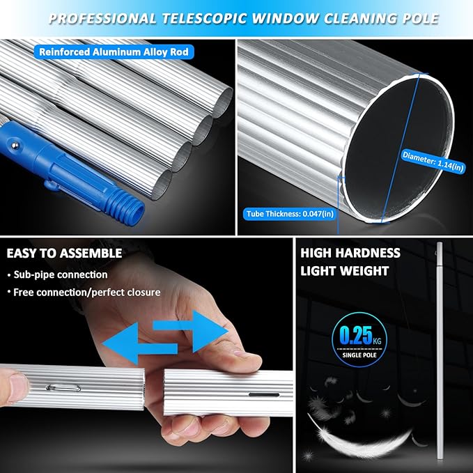 Window cleaning pole 3~12m extendable window cleaning kit window cleaning pole steel buckle fixing, easy to install,with 20m water supply hose 50cm water hole large brush head Roof Cleaning Tools
