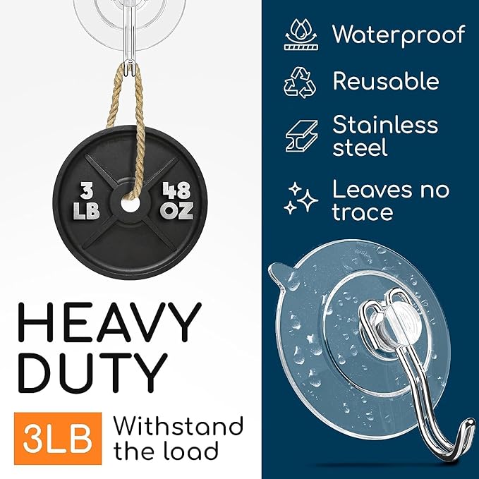 GLUIT Suction Cup Hooks - Utility Hook Wall Hangers for All Purposes Stainless Steel Removable Small Suction Cups for Kitchen Bathroom Shower Wall Window Glass Door 3 lbs (8 Suction Hooks)