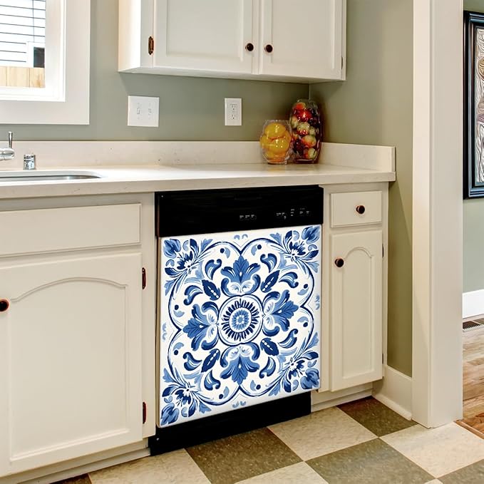 Dishwasher Magnet Cover Blue Ethnic Flower Paisley Reusable Dishwasher Magnetic Cover Sticker Decorative Dish Washer Door Cover Panel for Home Kitcen Appliance, 21x26 in