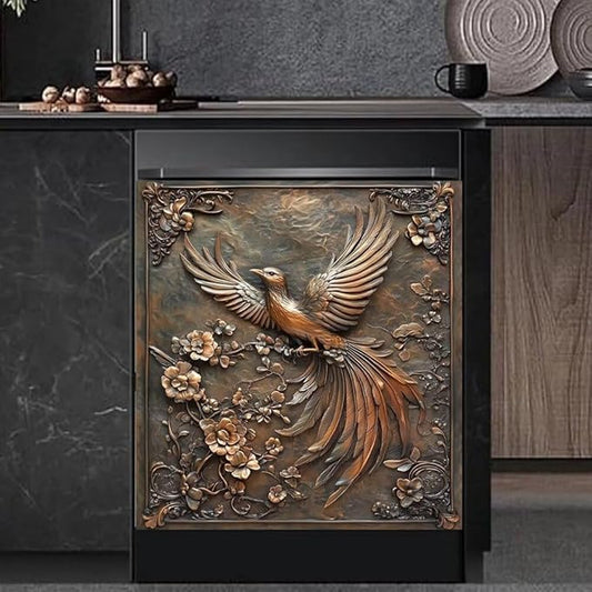Metal Floral Bird Print Kitchen Decor Dishwasher Magnet Cover Decal, Magnetic Dish Washer Panel Door Vinyl Sticker, Refrigerator Magnets,Easy to Clean, 23 x 26 inch