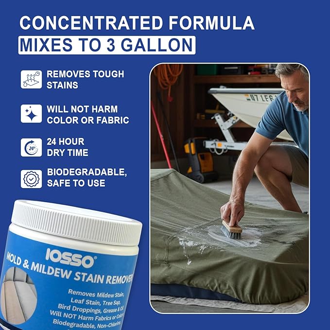 Iosso Mold & Mildew Stain Remover ?€? Color Safe for Awnings, Tents & Boats ?€? Concentrated Formula Makes 3 Gallons ?€? Biodegradable, Non-Chlorine Fabric Cleaner