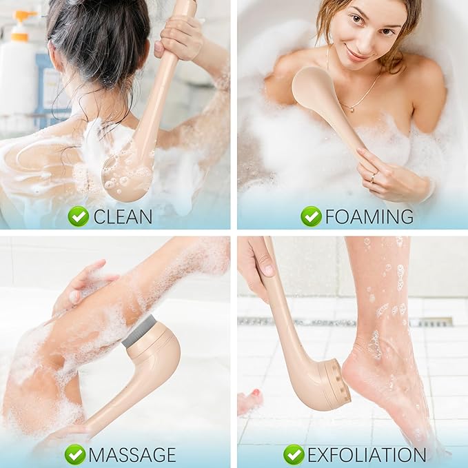Electric Body Brush, Waterproof Back Scrubber for Shower with Long Handle and 3 Heads, Rechargeable Exfoliating Brush for Body and Foot, Deep Cleansing Massager, Pink