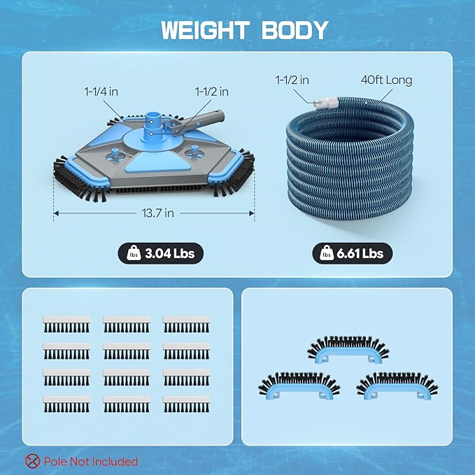 UIRWAY Upgrade Pool Vacuum Head with Side Brush & 360° Swivel Cuff, Heavy Duty Manual Kink-Resistant 1-1/2" x 40 Ft Vacuum Hoses, Weighted Triangular Shape for Inground & Above Ground Pool(No Pole)