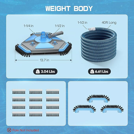 UIRWAY Upgrade Pool Vacuum Head with Side Brush & 360° Swivel Cuff, Heavy Duty Manual Kink-Resistant 1-1/2" x 40 Ft Vacuum Hoses, Weighted Triangular Shape for Inground & Above Ground Pool(No Pole)